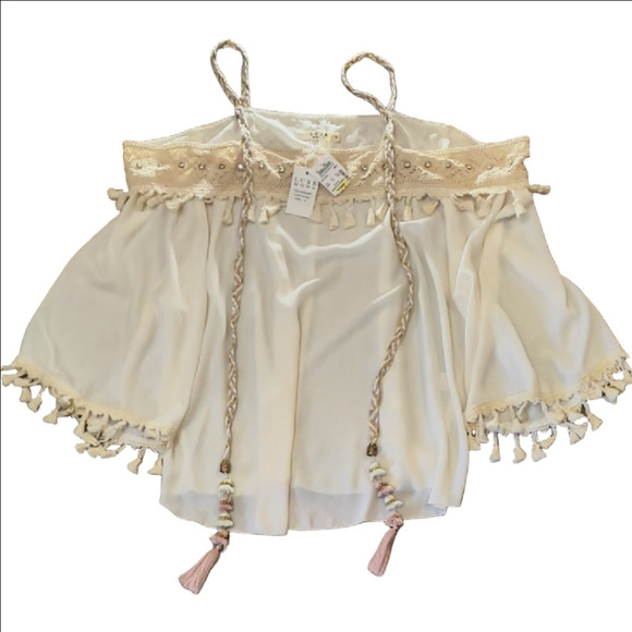 Cream Off Shoulder Blouse with Tassel Details - Picture 1 of 3